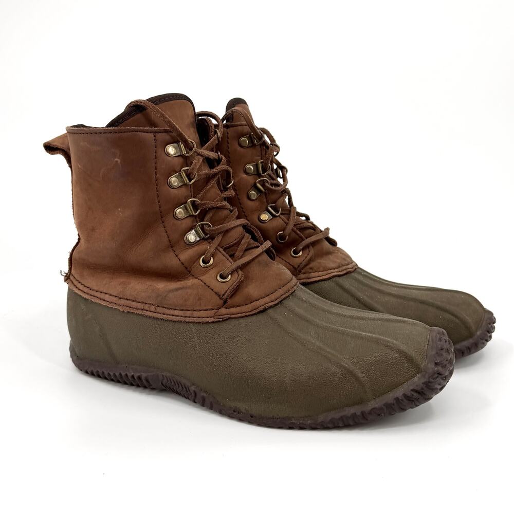 Vintage 90s J.Crew Brown Olive Leather Duck Base Lace Up Snow Boots